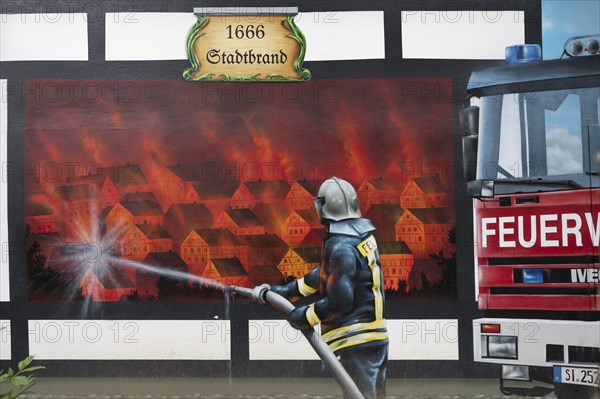 Wall painting in memory of the town fire in Freudenberg in 1666, Freudenberg, North