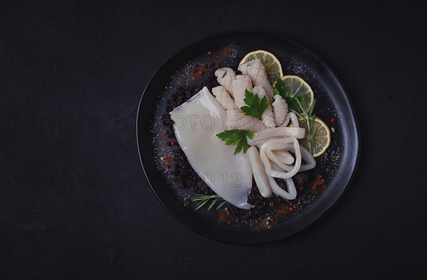 Fresh squid, raw, carcass, cut into rings, top view, no people