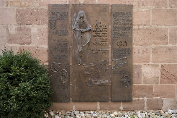 Memorial plaque at the grave site of the humanist Carita Pirkheimer, former monastery courtyard of