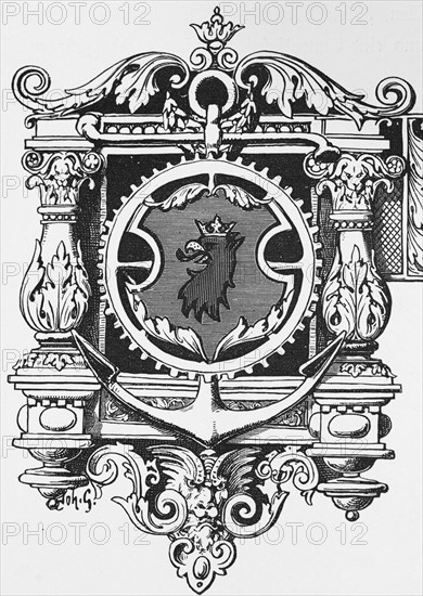 Szczecin, Poland, emblem, symbol, lion, crown, ornamentation, historical illustration 1880, Europe