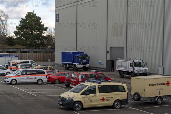 Construction of a vaccination centre for corona vaccinations, in a hall at Messe Essen, by the