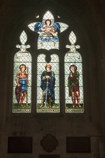 Stained glass window in Malmesbury abbey, Wiltshire, England, UK, Faith, Courage, Devotion by