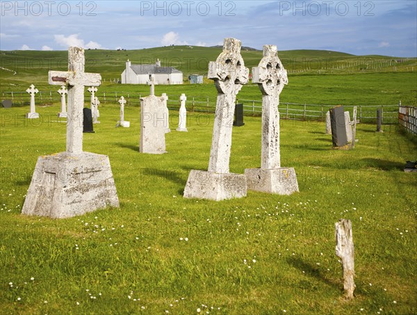 Gravestones in burial ground on Vatersay Island, Barra, Outer Hebrides, Scotland, UK, two