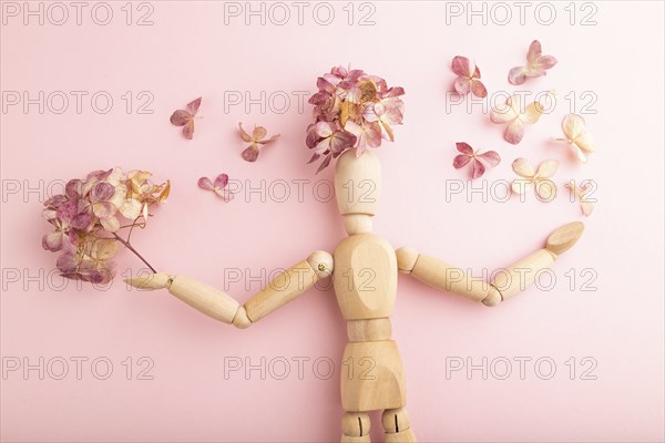 Wooden mannequin holding hydrangea flowers on pink pastel background. close up, isolated, spring,