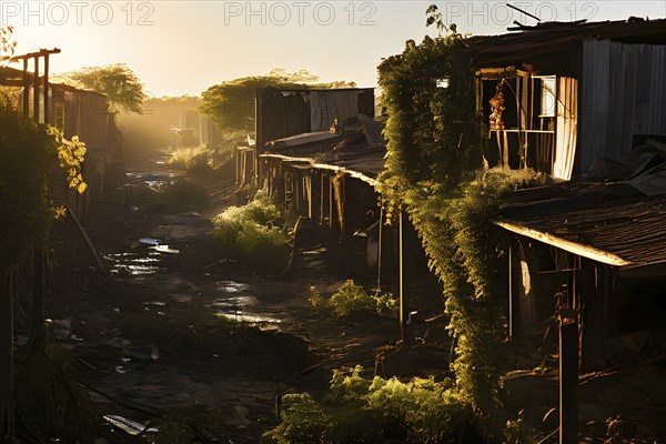 Deserted mining town encroached upon by nature buildings interlaced with creeping vines and trees,