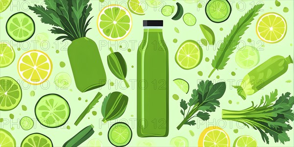 Abstract wallpaper composition with bottle of delicious green detox juice and fruits and