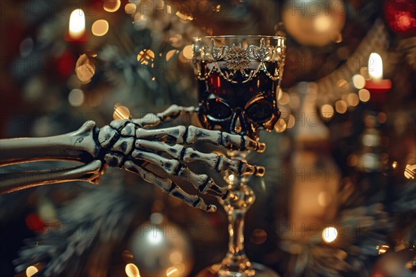 Skeleton arm holding wine glass with skull. Generative Ai, AI generated