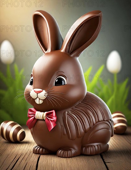 Cute funny little chocolate Easter bunny with Easter eggs, AI generated, AI generated