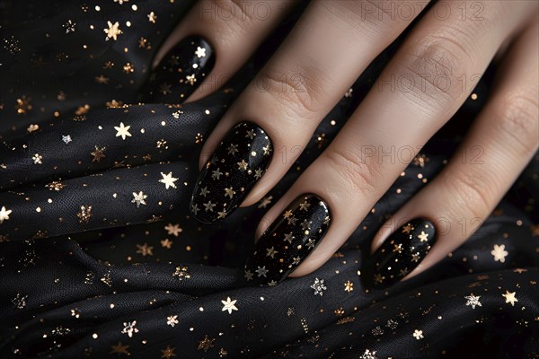 Woman's fingernails with nail polish art design with golden stars on black base. Generative Ai, AI