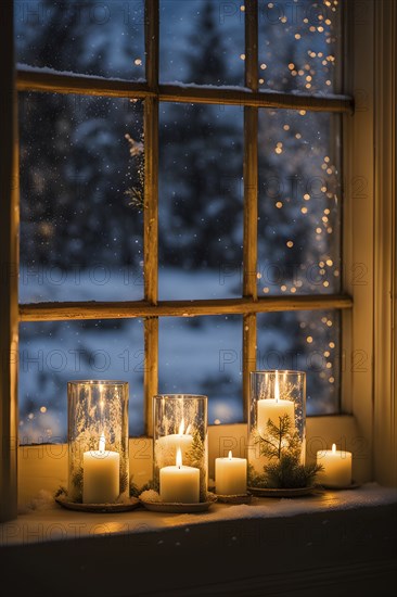 Snow-covered window with frost patterns, candlelight softly glowing through the glass, and warm,
