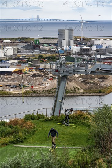 CopenHill, waste incineration plant and artificial ski slope, skiing with a view of the Øresund, 90