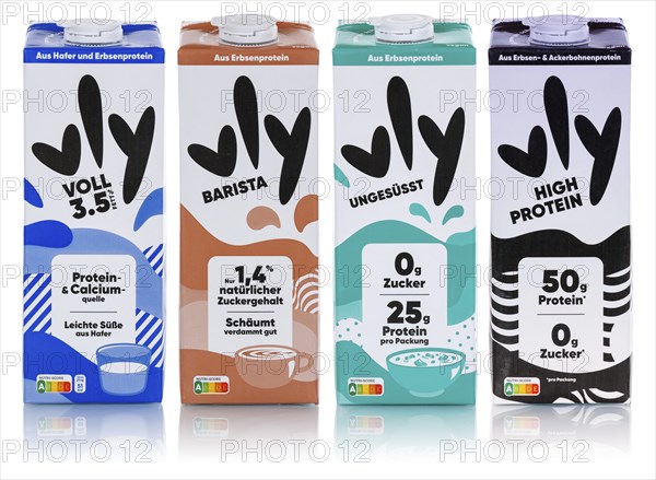 Vly vegan pea milk Milk substitute different flavours coloured against a white background