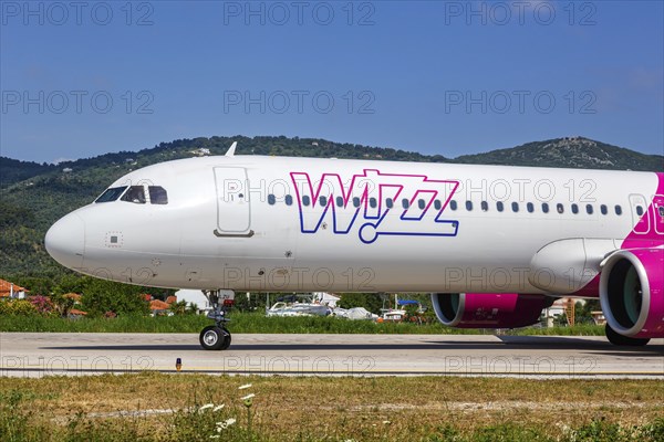 A Wizzair Airbus A321neo aircraft with the registration HA-LZU at Skiathos Airport, Greece, Europe