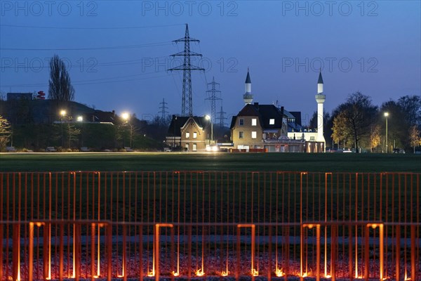 The herringen yeni ulu mosque, Lippepark, Franz Shaft, meadow with light installation, on the site