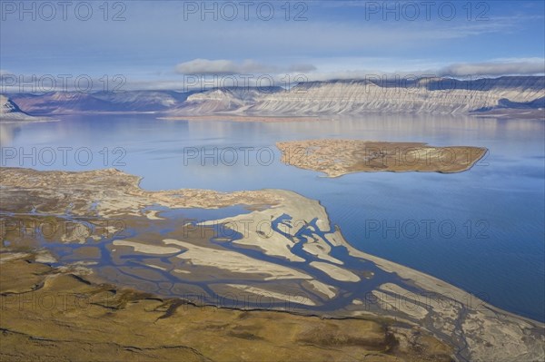 Aerial view over Ekmanfjorden, fjord in the Nordre Isfjorden National Park in summer, Nordfjorden,
