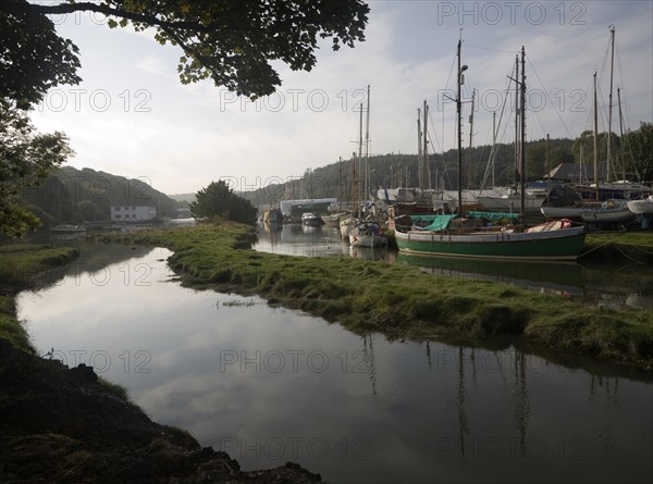 Boats on the Helford River in boatyard at Gweek, Cornwall, England, United Kingdom, Europe