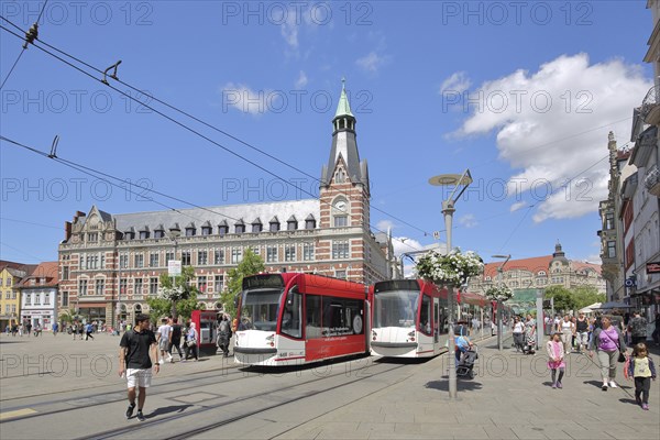 Historic main post office built in 1882 and tram stop, tram, tracks, pedestrian, pedestrian zone,