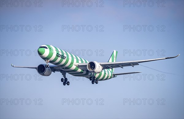 Condor Airbus A330-900, landing approach to Frankfurt FRA airport, Fraport, in winter, Hesse,