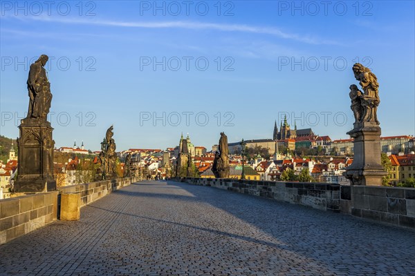 Charles bridge and Prague castle in the early morning. Prague, Czech Republic, Europe