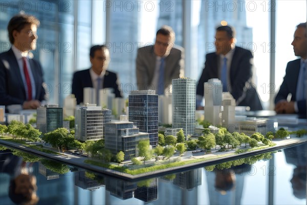 Business professionals engaged with a scale model of a modern skyscraper, AI generated