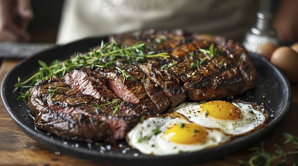 Man eating A plate filled with steak and eggs. generative AI, AI generated