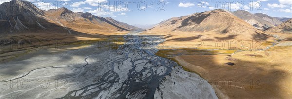 Aerial view, Burkhan mountain valley with meandering river, barren dramatic mountain landscape,