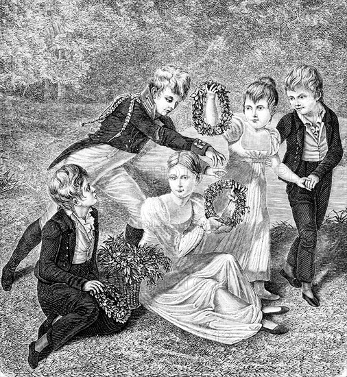 Children Friedrich Wilhelm III and Queen Luise in the park of Charlottenburg Palace, girls, boys,