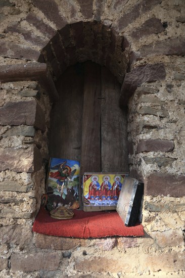 Amhara region, near Gondar, Gonder, prayer niche, votive tablets, holy images at the church of
