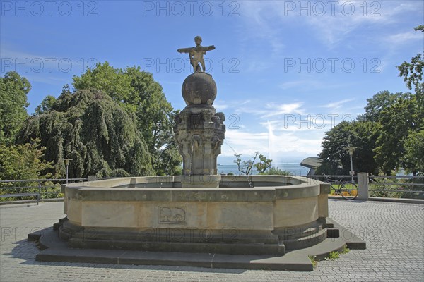 Zeppelin fountain, jack carrying miniature airship, carrying, sculpture, city garden,