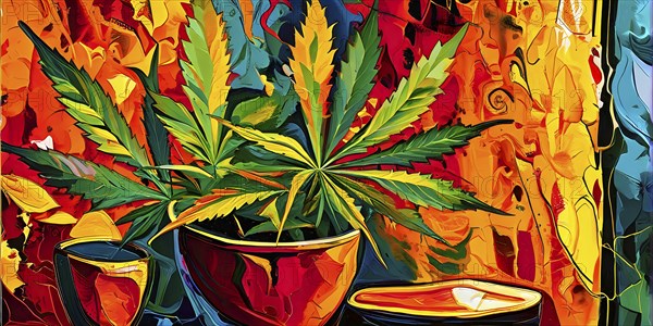 Abstract composition of a cannabis cafe with ambiance bold contrasting colors and playful shapes,