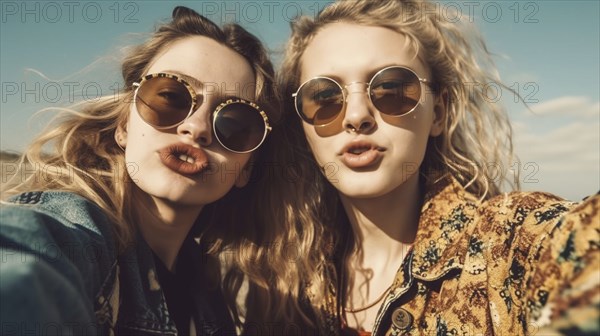 Two young girlfriends posing wearing sunglasses having fun on the beach, generatvie AI, AI