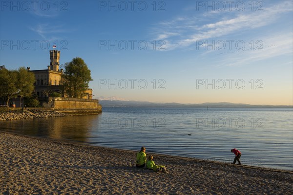 Montfort Castle and beach, sunset, Langenargen, Upper Swabia, Lake Constance, Baden-Württemberg,