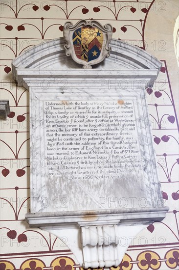 Memorial wall tablet to Mary Nicholas who helped King Charles II to escape capture, Church of Saint