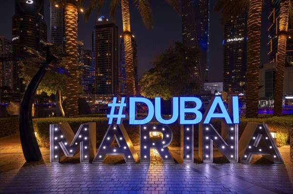 Night shot sign, logo, Dubai Marina, Dubai, United Arab Emirates, VAR, Asia