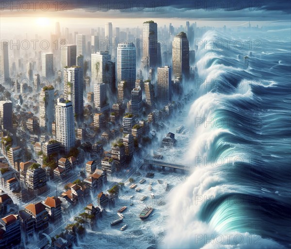 A monster wave, a tsunami, floods and destroys the houses of a city, climate change, climate