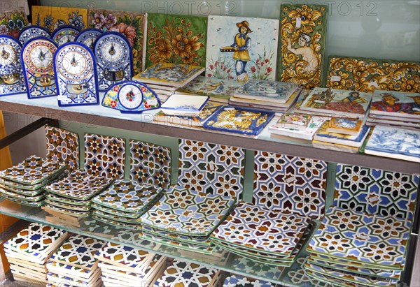 Display of tiles inside Santa Ana ceramic tile shop in Triana, Seville, Spain, Europe