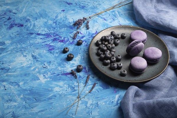 Purple macarons or macaroons cakes with blueberries on ceramic plate on a blue concrete background