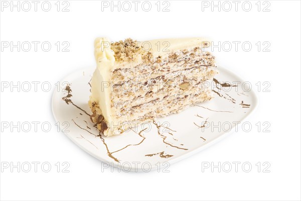 Walnut and almond cake isolated on white background. side view, close up