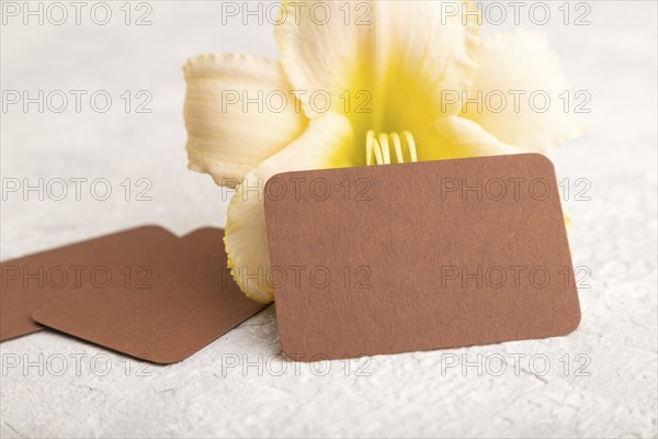 Brown paper business card mockup with orange day-lily flower on gray concrete background. Blank,
