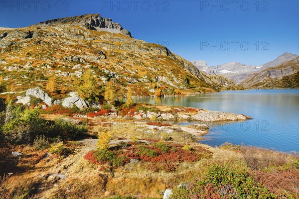 Lac d'Emosson and Pointe de la Finive in the Valais mountains, Switzerland, Europe