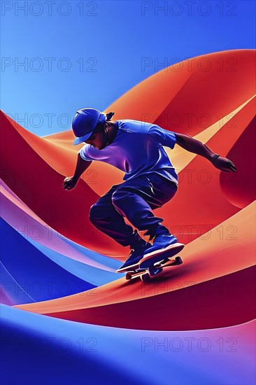 Skateboarder in dynamic jump abstracted into fluid shapes that capture elegance and dynamic in