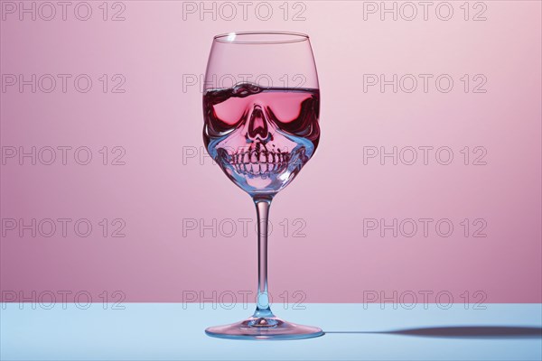 Winde glass with liquid with skull inside. Concpet for danger of alcoholism. KI generiert,