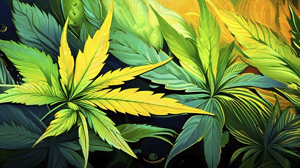 Abstract wallpaper highlighting stylized cannabis leaves in vibrant green and golden colors, AI