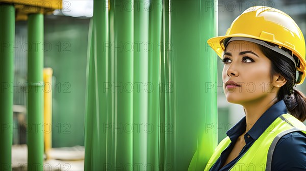 Portrait of a female construction worker wearing a yellow helmet, AI generated