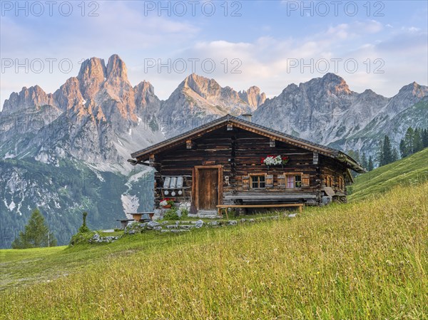 Alpine hut in front of the large Bischofsmütze, alpenglow, Gosaukamm, Dachstein massif, Sulzenalm,
