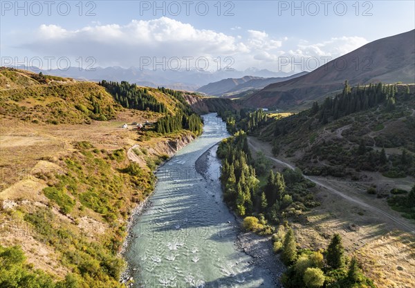 Mountain landscape with river in a narrow mountain valley in autumn, Little Naryn or Kichi-Naryn,
