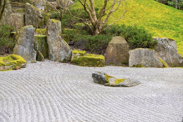 Zen garden, traditionally raked pebbles, Japanese garden, Gardens of the World, Berlin, Germany,