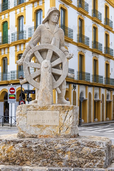 Statue of a helmsman at the harbour of Eivissa, Ibiza Town, Ibiza City, Ibiza, Balearic Islands,