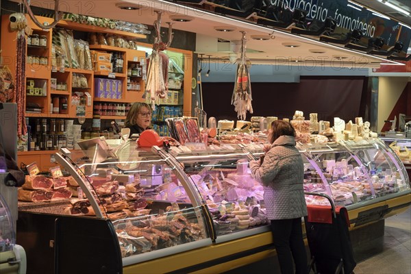 Cheese, ham and sausage products, Mercat de Santa Caterina, Barcelona, Catalonia, Spain, Europe