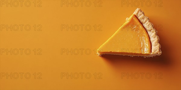 Banner with slice of pumpkin pie on orange background with copy space. Generative Ai, AI generated